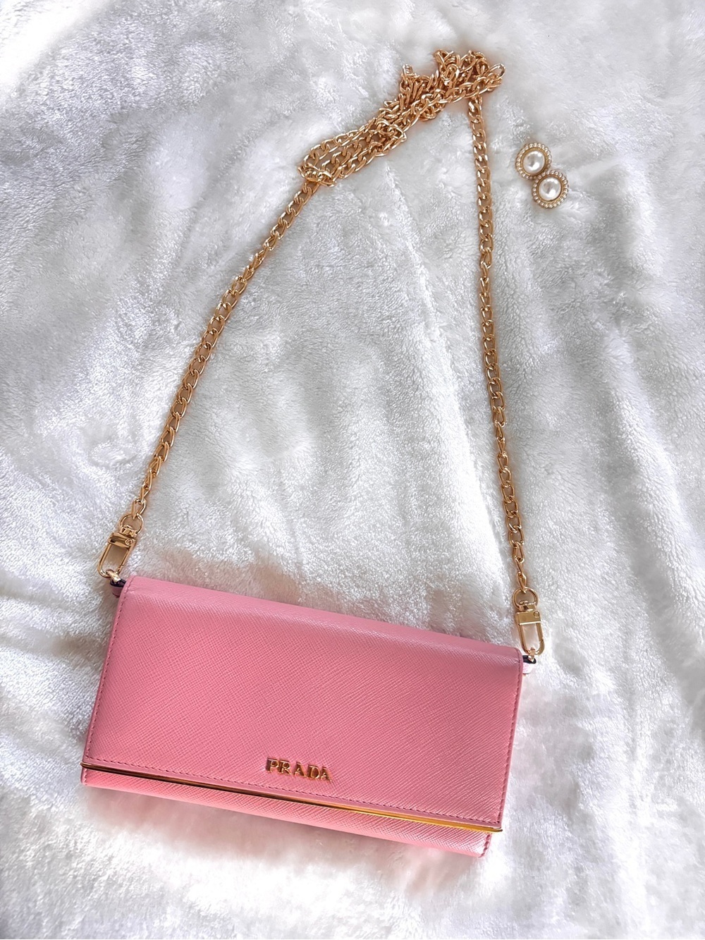 Authentic Prada Pink Saffiano Crossbody Wallet with Gold Chain Strap